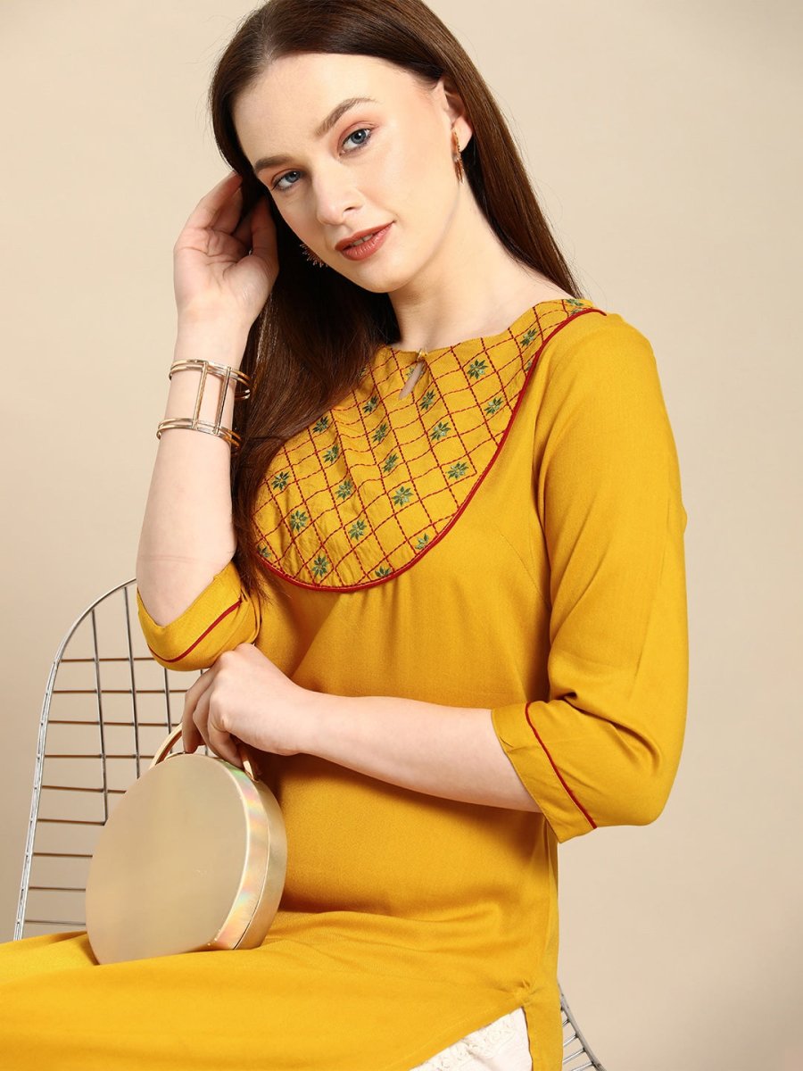 All About You Women Mustard Yellow Ethnic Motifs Yoke Design Keyhole Neck Straight Kurta