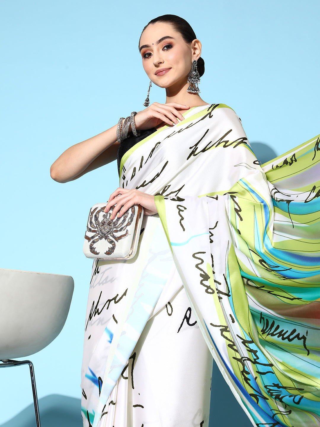 Tikhi Imli Off White & Green Abstract Print Satin Grab2Buy 