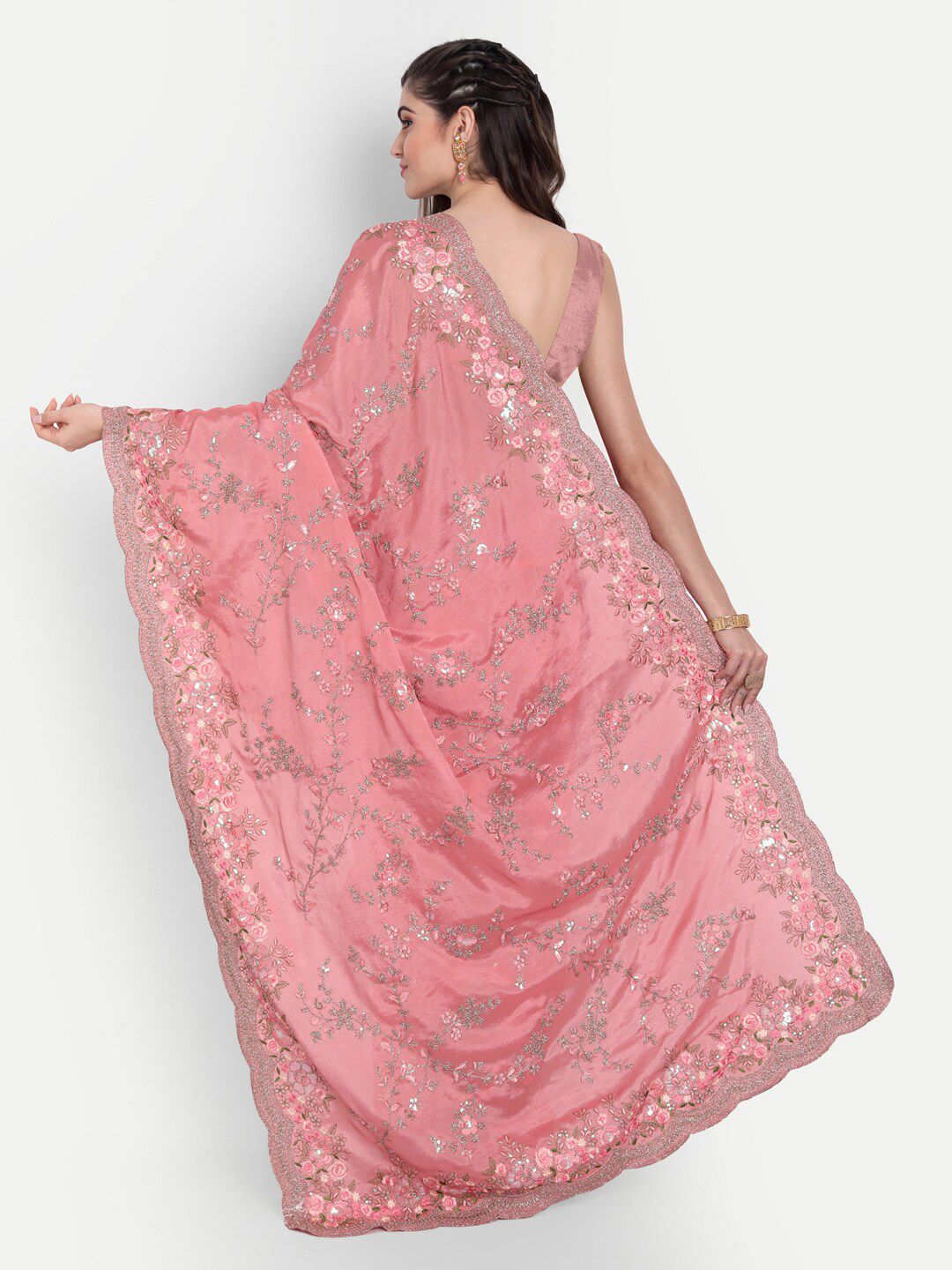 kasee Pink & Silver-Toned Floral Embroidered Pure Chiffon Saree
