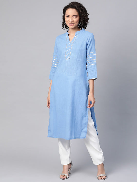 HERE&NOW Women Blue & White Pure Cotton Solid Straight Kurta