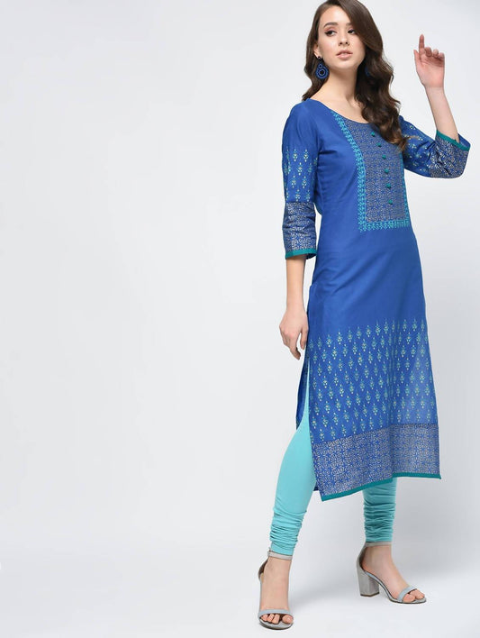 Cheera Hand Block Print Royal Blue Color Straight Kurta - Grab2buy