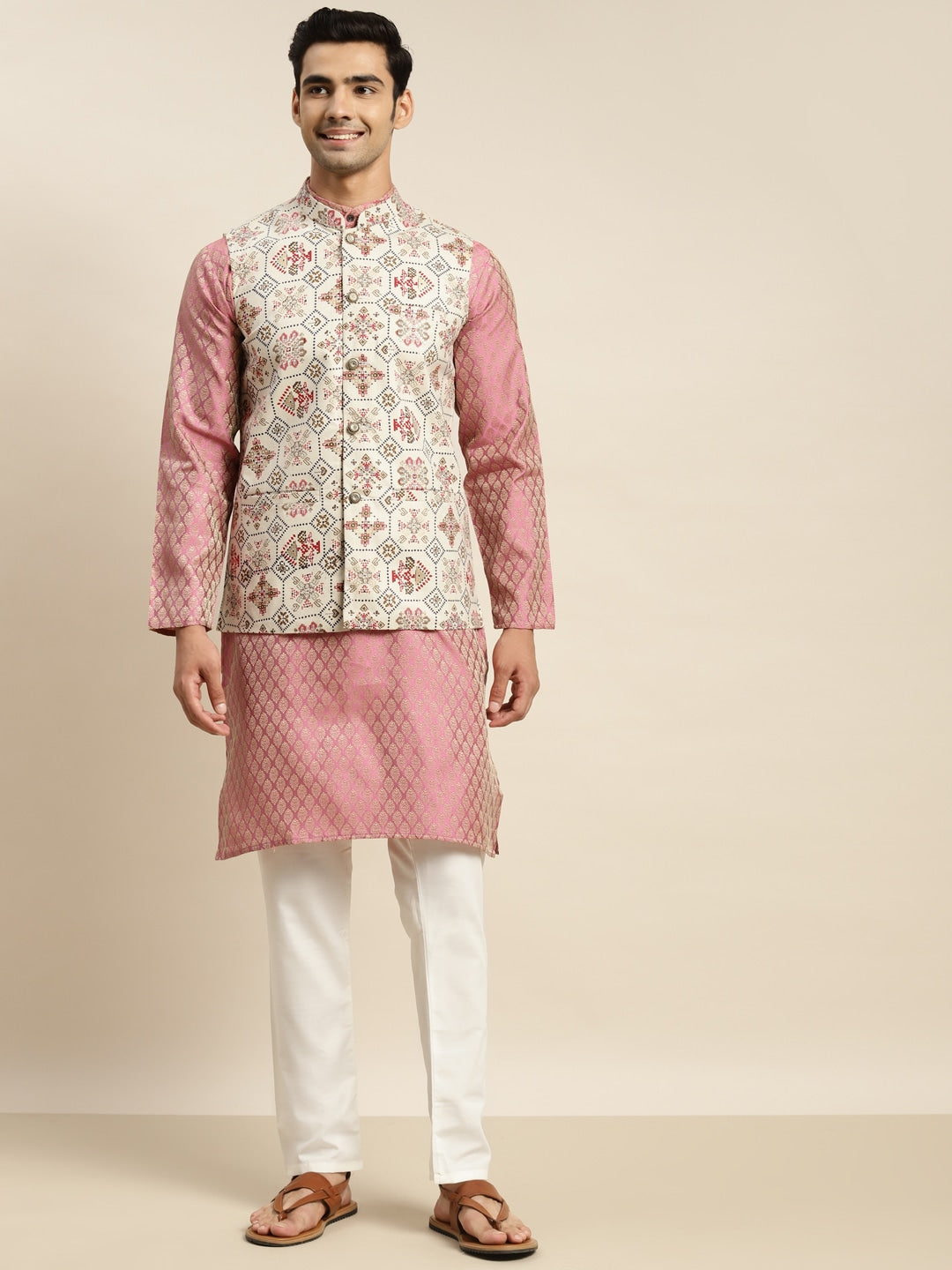Sojanya Men Pink Ethnic Motifs Kurta with Churidar & Nehru Jacket 