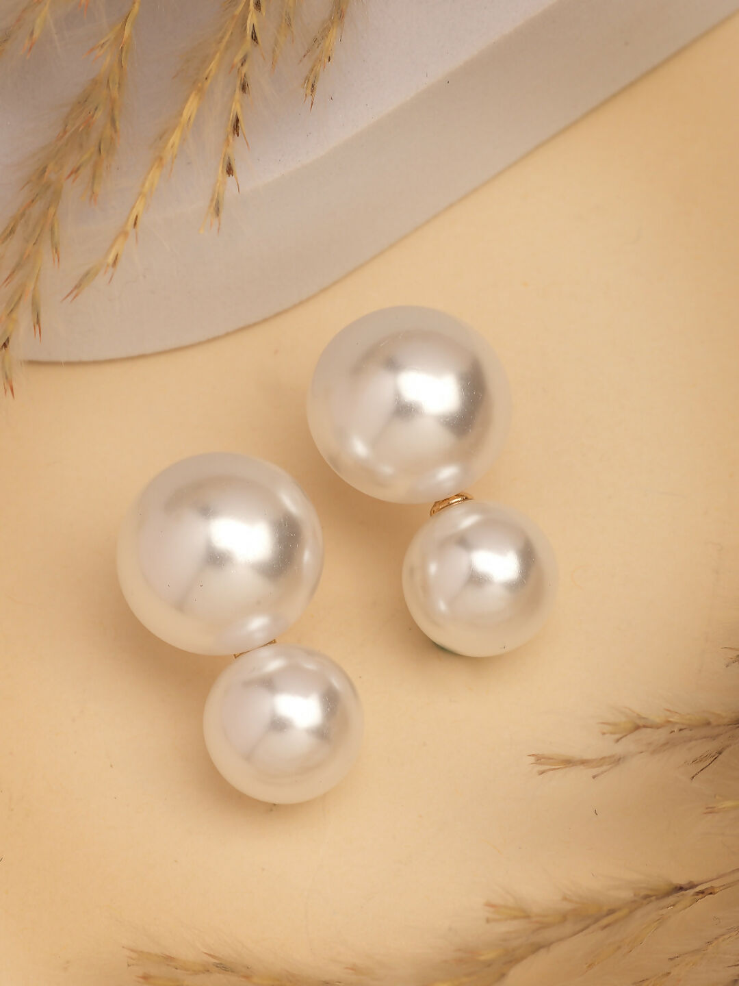 NVR Women's White Pearl Gold-Polished Circular Drop Earring 