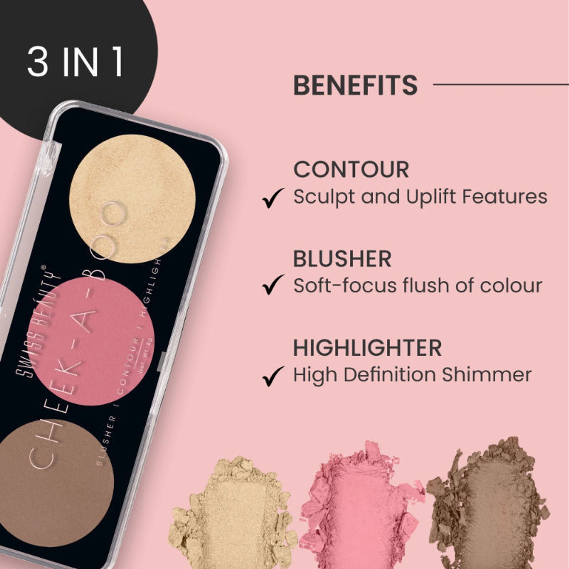 Swiss Beauty Cheek-A-Boo 3 In One Blushe Contour And Highlighter - 3