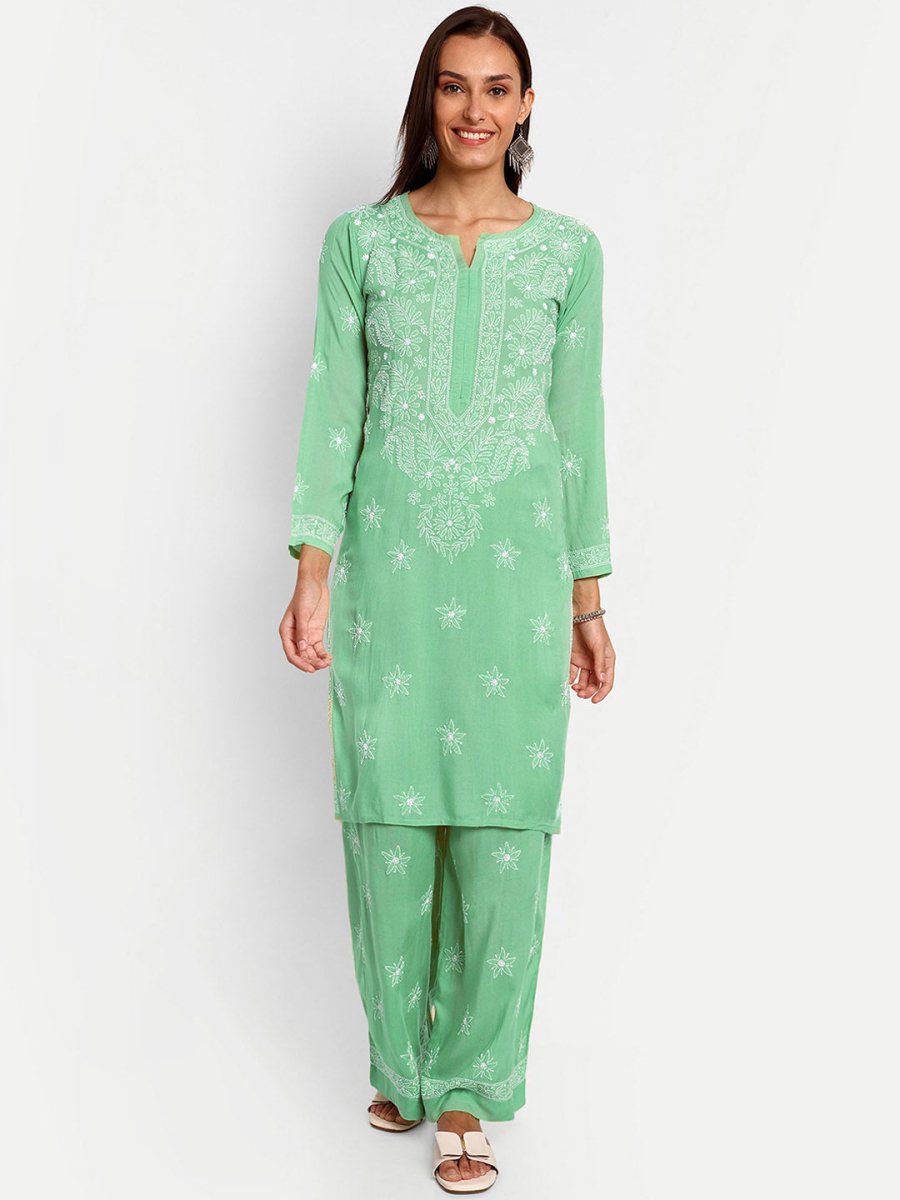 ADA Floral Embroidered Long Sleeves Regular Lucknowi Chikankari Kurta With Palazzos 
