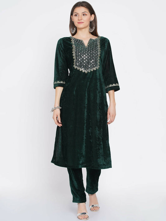 Women Republic Green Velvet Embroidered Kurta With Pant - Grab2buy