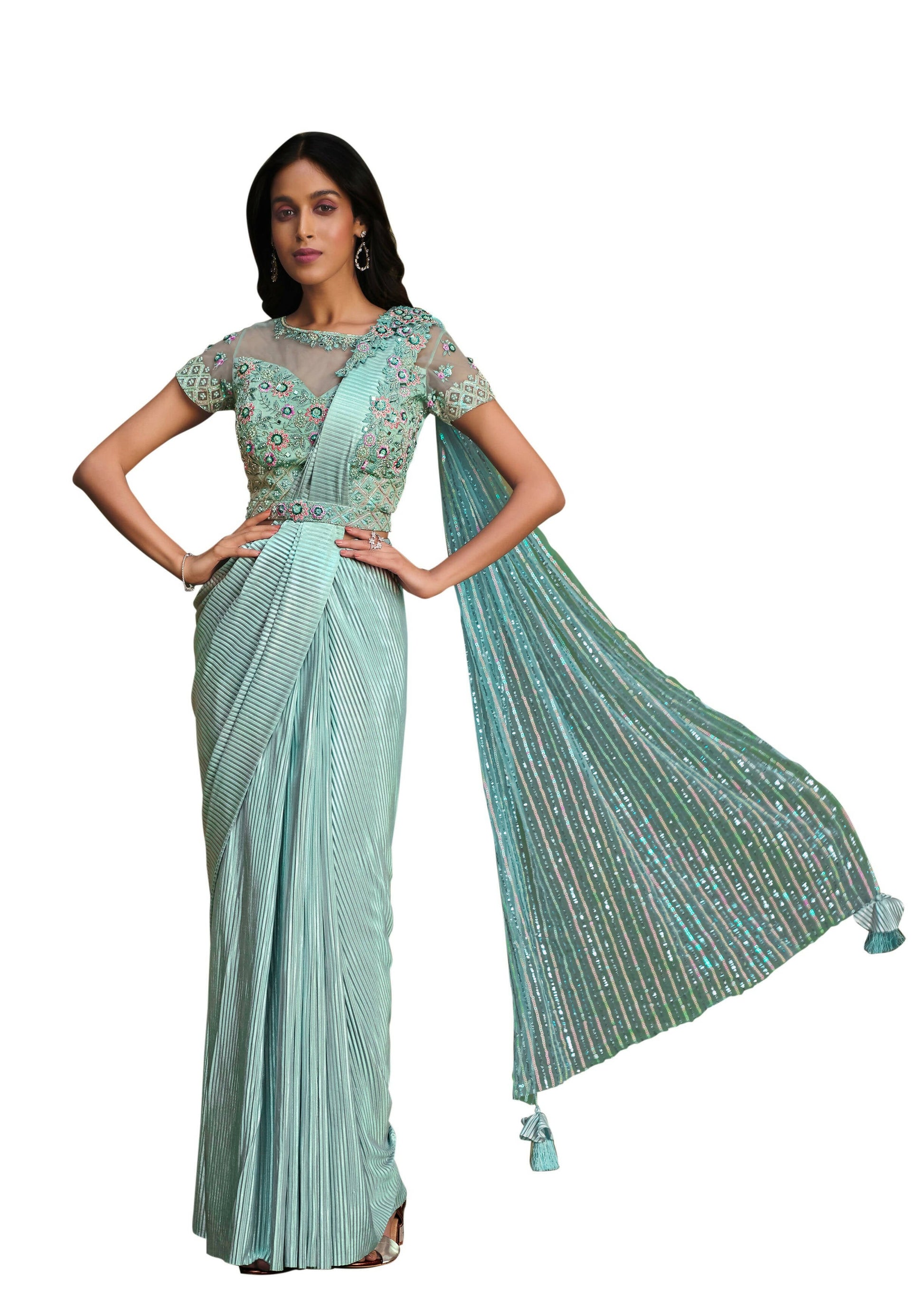 Sky Blue Fancy Crystal Crepe Sequence Embroidered Saree With Stitched Blouse - Mohmanthan La Belle