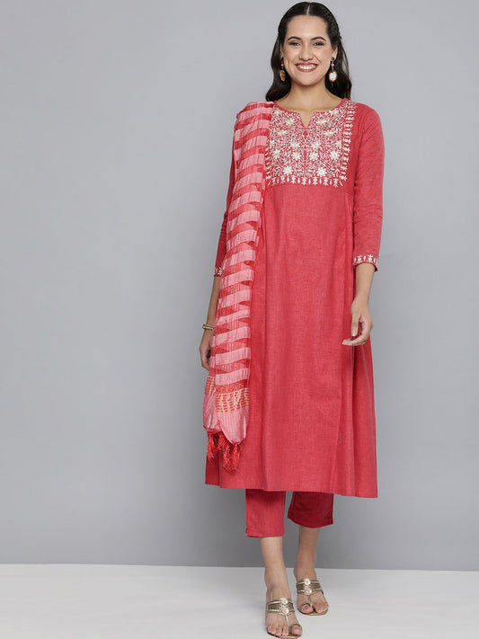HERE&NOW Women Yoke Design Pure Cotton Kurta & Trousers with Dupatta