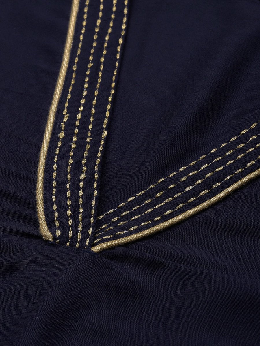 All About You Women Navy Blue Zari Detailed Regular Kurta with Trousers & Dupatta