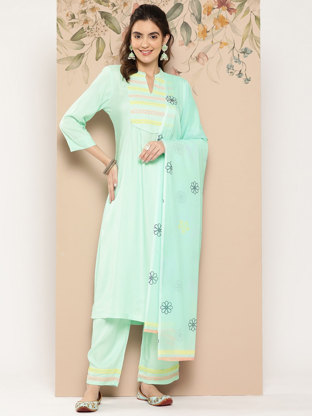 HERE&NOW Women Yoke Design Kurta with Trousers & Dupatta