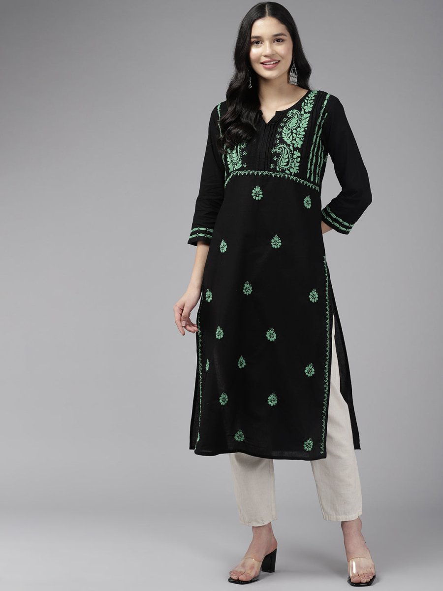 ADA Women Ethnic Motifs Embroidered Cotton Chikankari Floral Kurta 