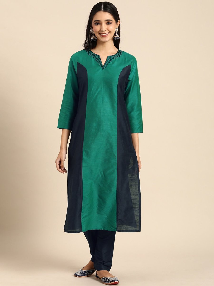 All About You Women Green & Navy Blue Colourblocked Kurta with Trousers