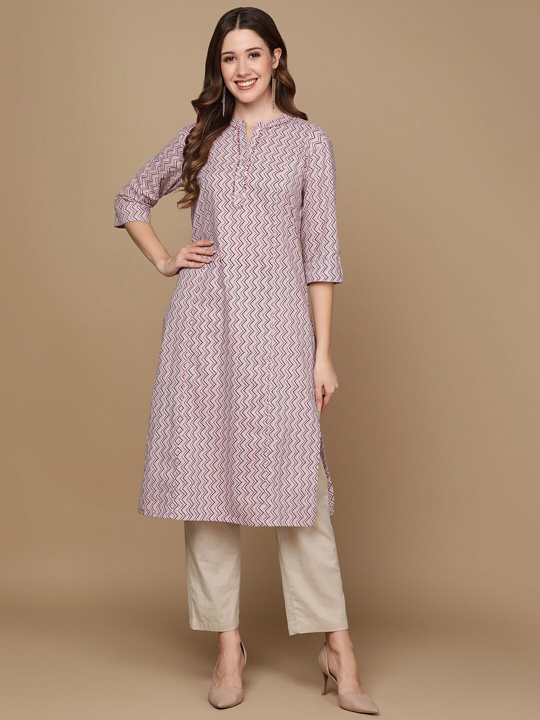 HERE&NOW Pink & Brown Chevron Printed Sequined Pure Cotton Kurta