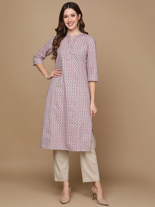HERE&NOW Pink & Brown Chevron Printed Sequined Pure Cotton Kurta
