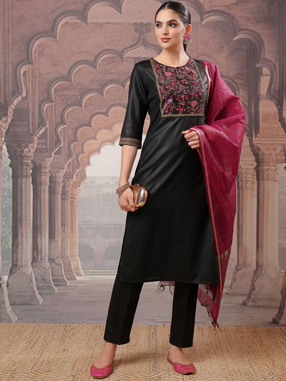 Vishudh Black Yoke Design Thread Work Kurta with Trouser & Dupatta | Grab2Buy