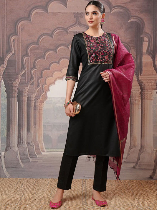 Vishudh Black Yoke Design Thread Work Kurta with Trouser & Dupatta | Grab2Buy