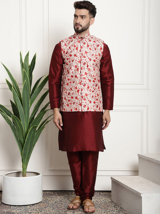 Sojanya Men Maroon & Beige Solid Kurta with Churidar & Printed Nehru Jacket 