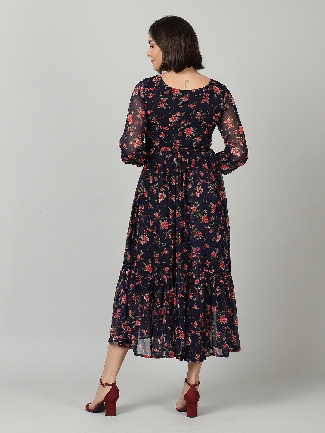 Souchii Women Navy Blue & Red Floral Chiffon A-Line Tiered Dress 
