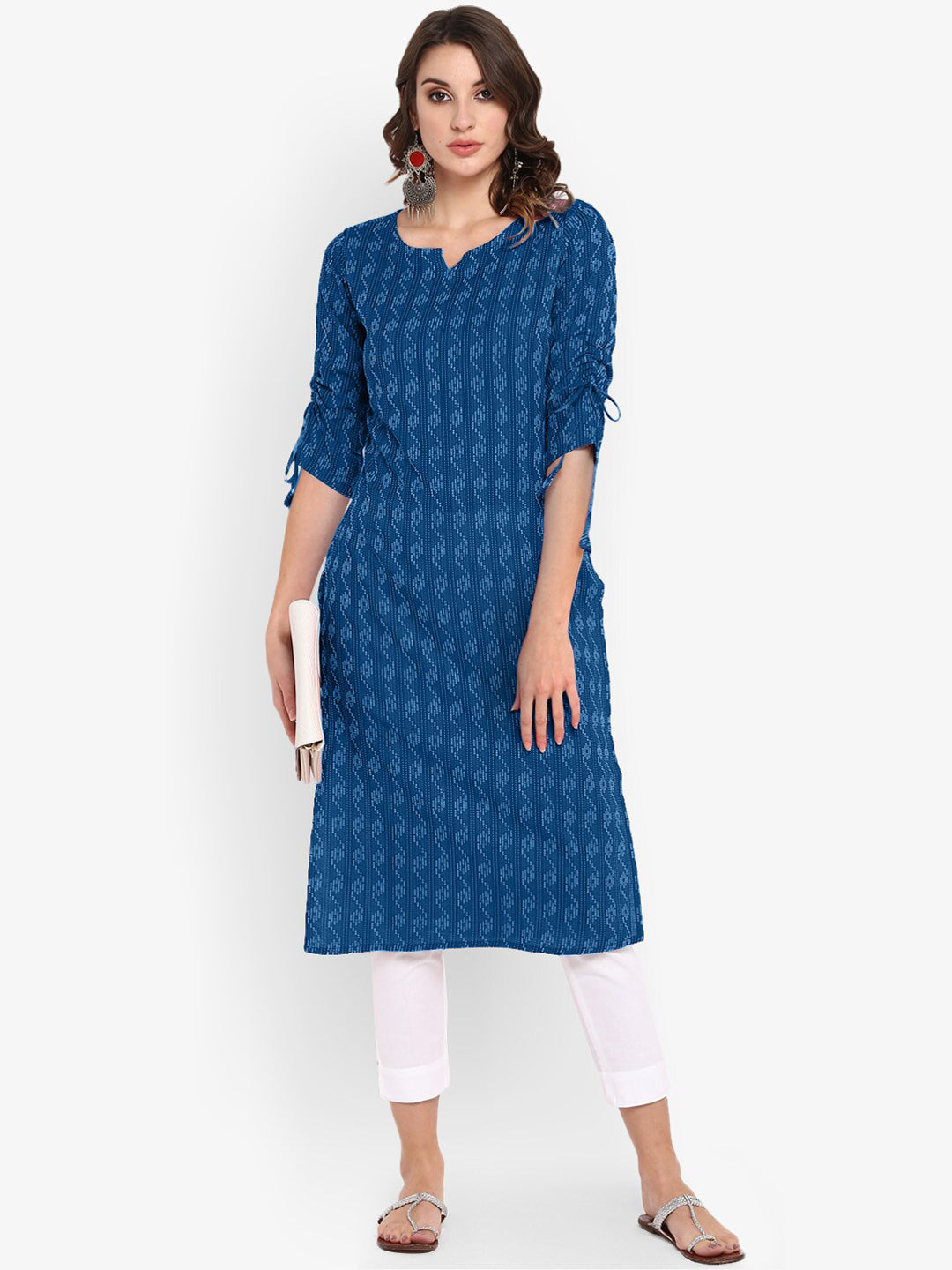 Janasya Women Blue Woven Design Straight Kurta
