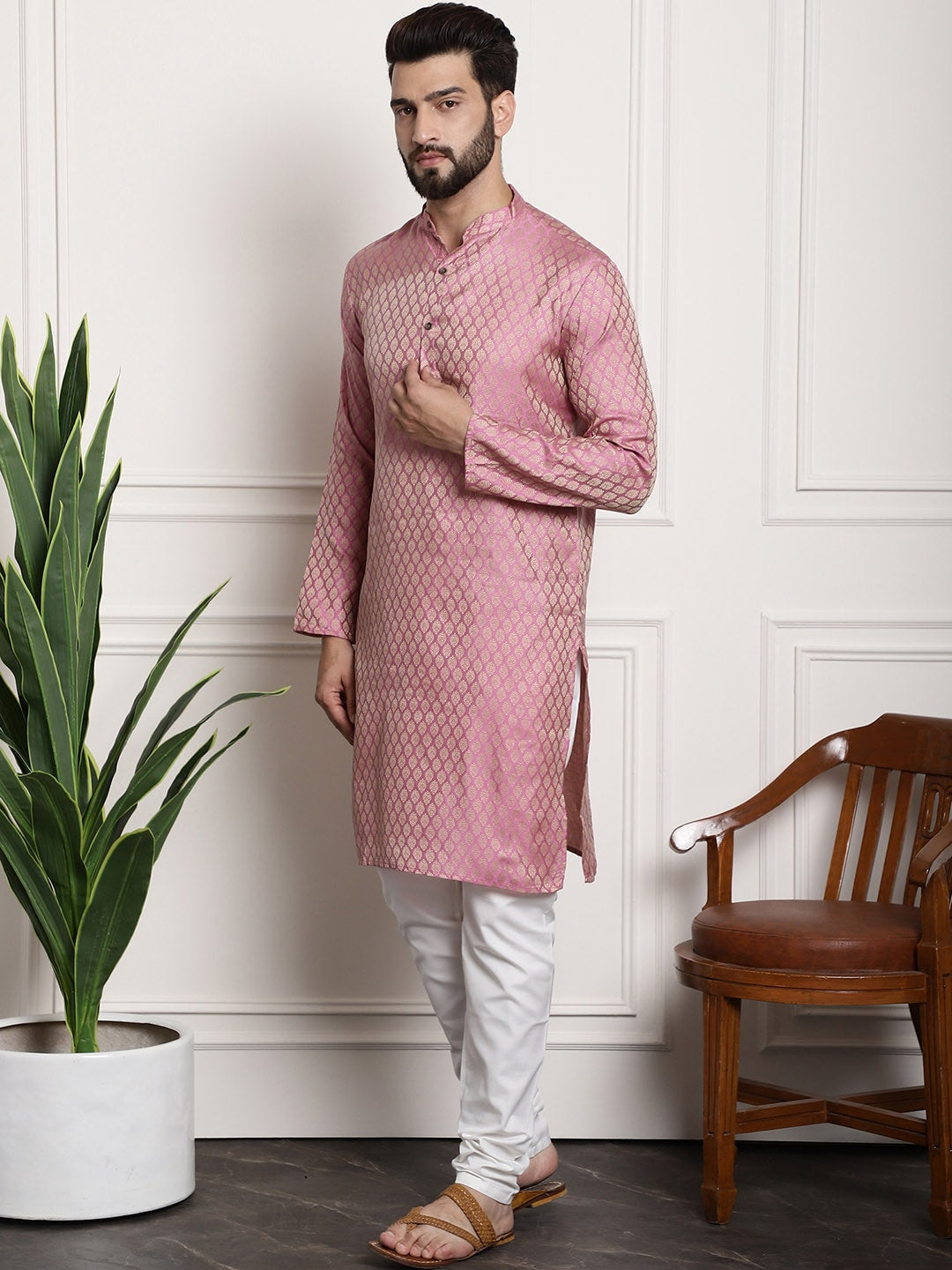 Sojanya Men Pink & Off-White Woven Design Kurta with Churidar 
