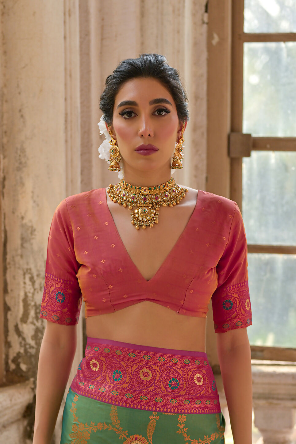 Vishnu Weaves Women's Pista Banarasi Silk Zari Woven Grab2Buy with Blouse 
