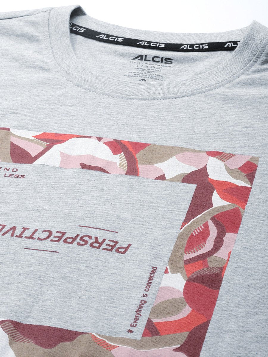 Alcis Men Grey Melange Typography Printed Slim Fit Gym T-shirt 