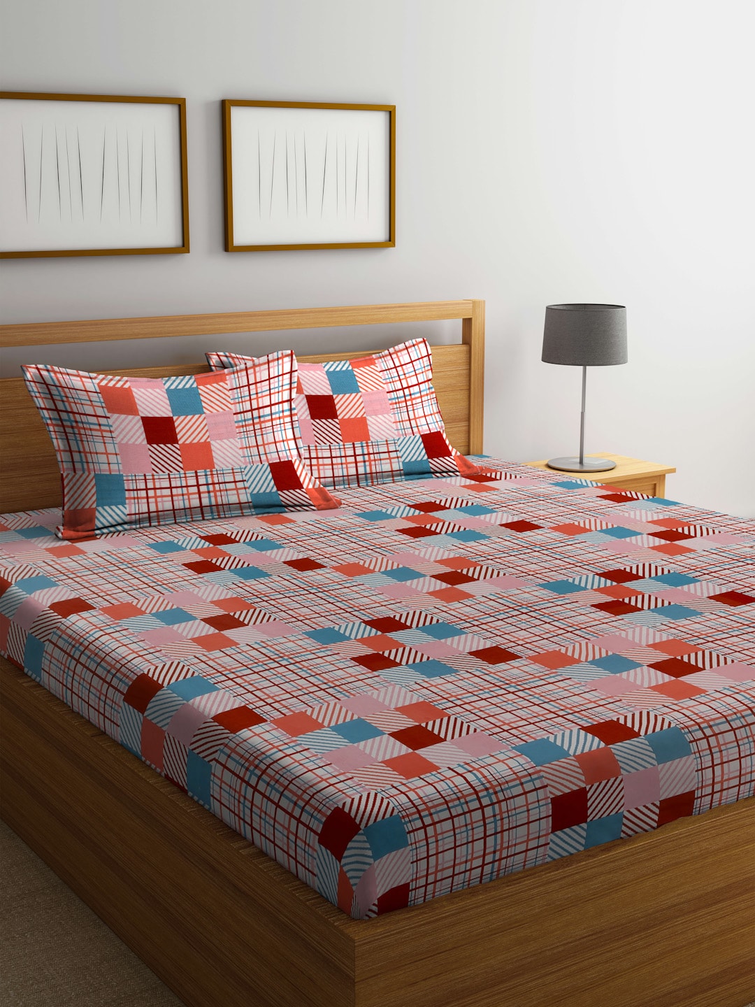 BOMBAY DYEING Marigold Pink Geometric Cotton 104 TC King Bedsheet & 2 Pillow Covers | Grab2Buy