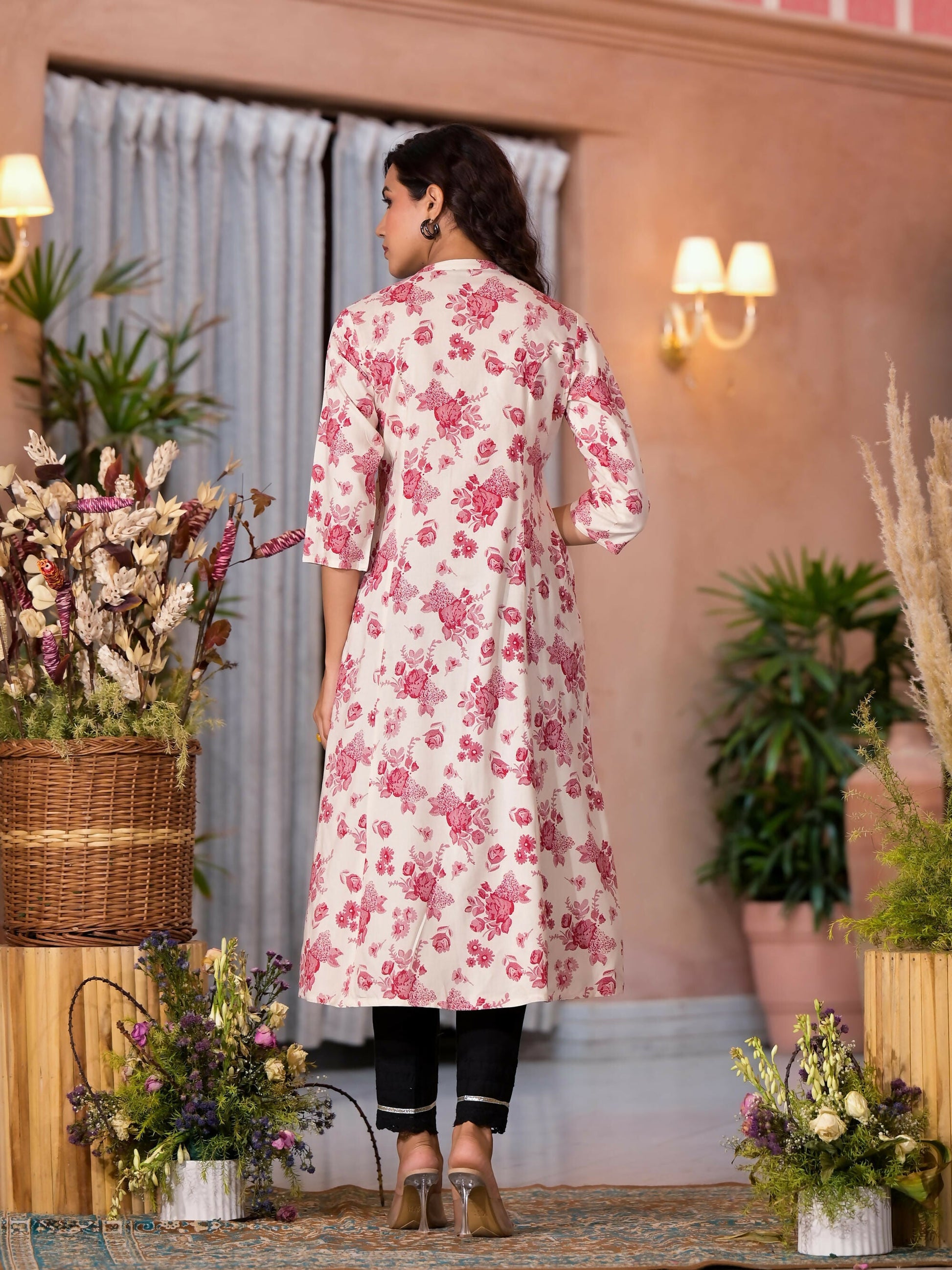 Juniper Women's Off White Floral Printed Liva Rayon Kurta With Button Closure