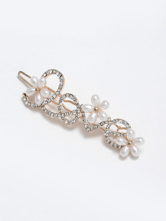 Panash Women Gold-Toned & White Cz-Studded & Beaded Love Hair Pin - Grab2buy