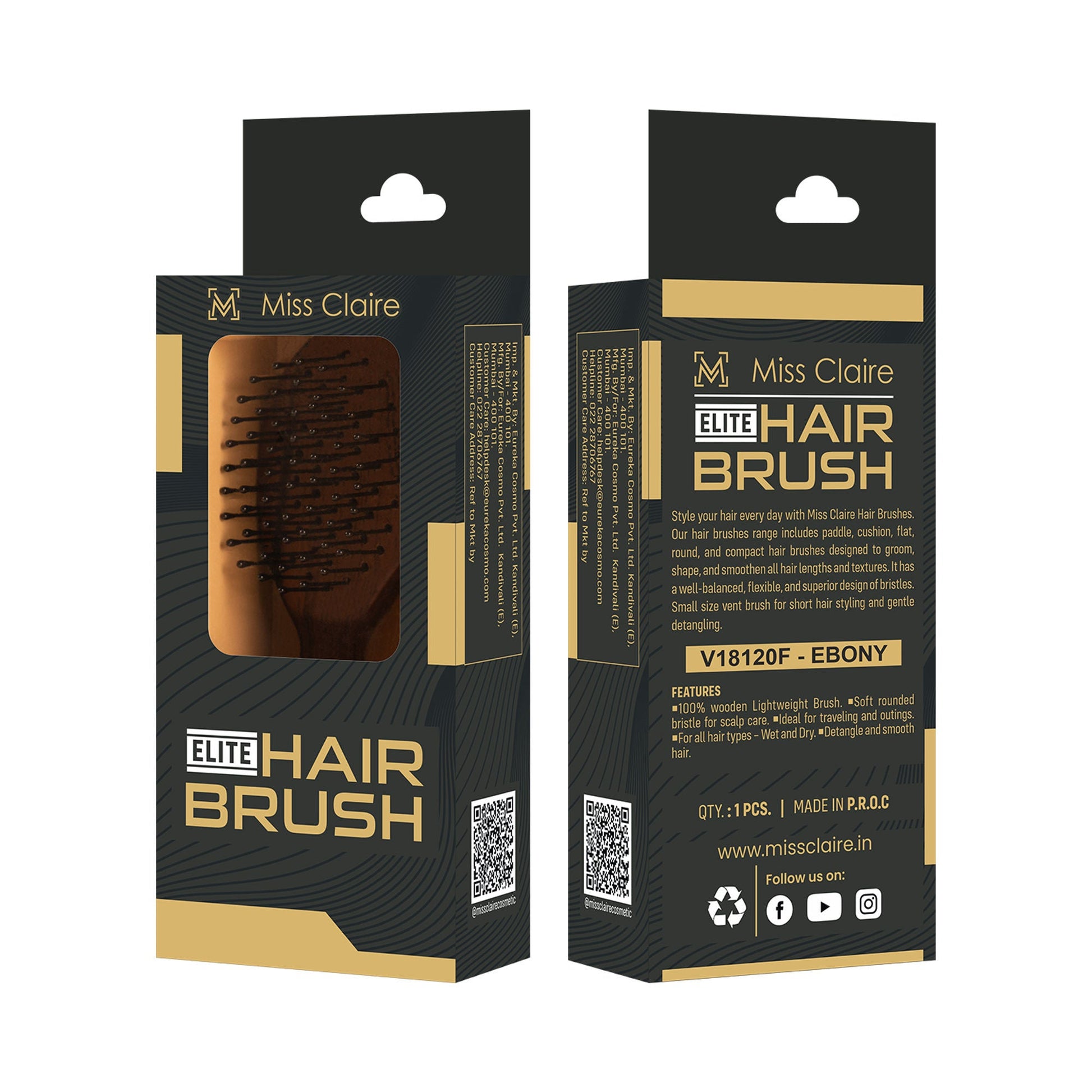 Miss Claire V18120F Flat Hair Brush - Small - Ebony