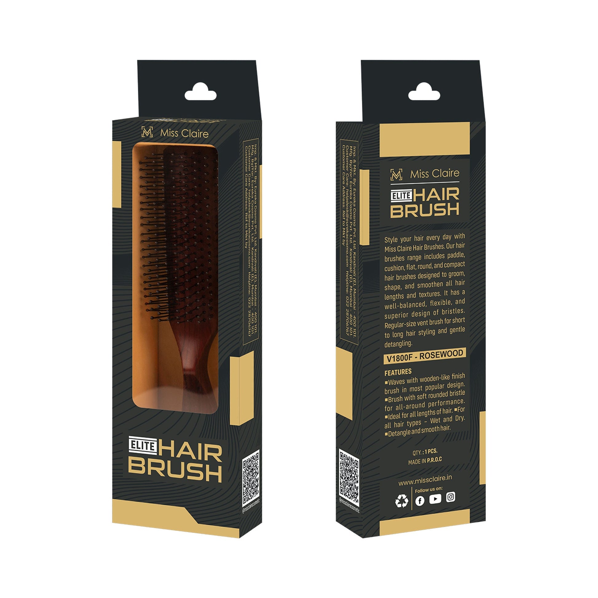 Miss Claire V1800F Flat Hair Brush - Rosewood