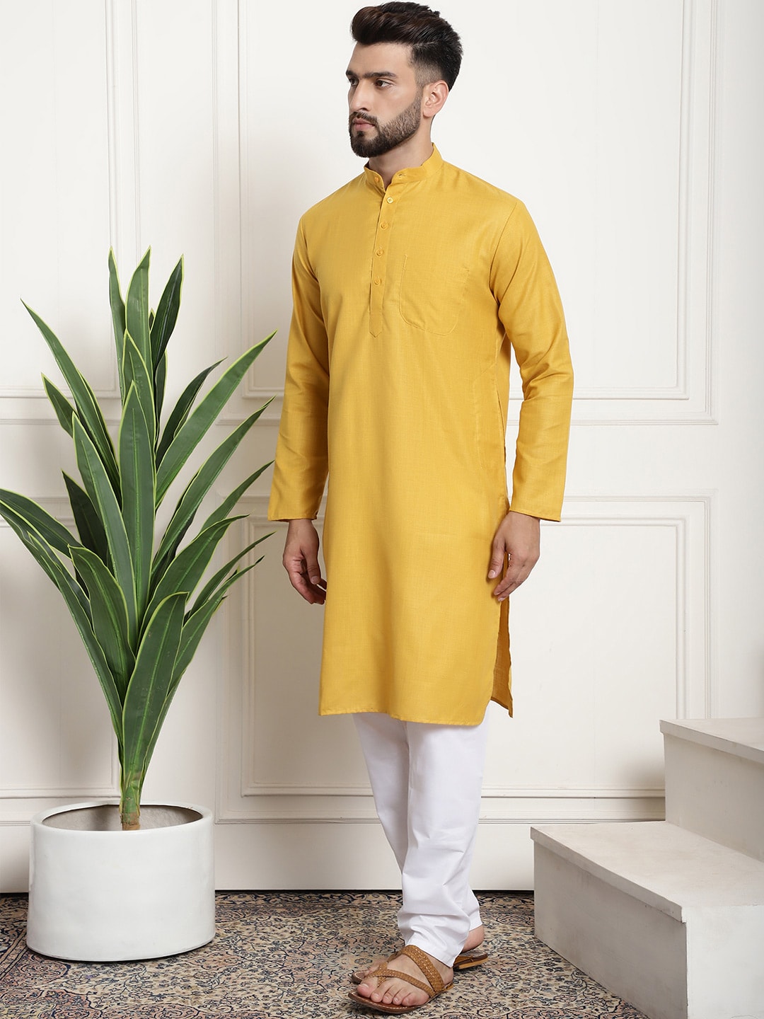 Sojanya Men Mustard Yellow Pure Cotton Kurta with Churidar & Nehru Jacket 