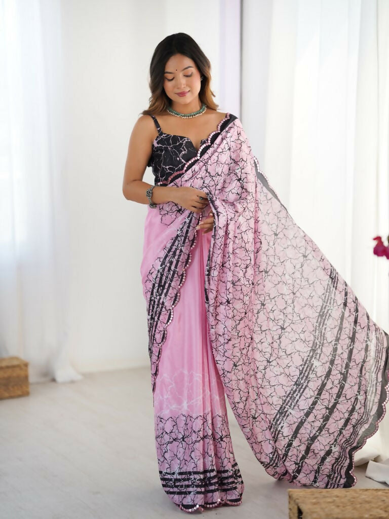 Pink Chinon Designer Digital Printed,Mirror Cut Work Saree - Sohni
