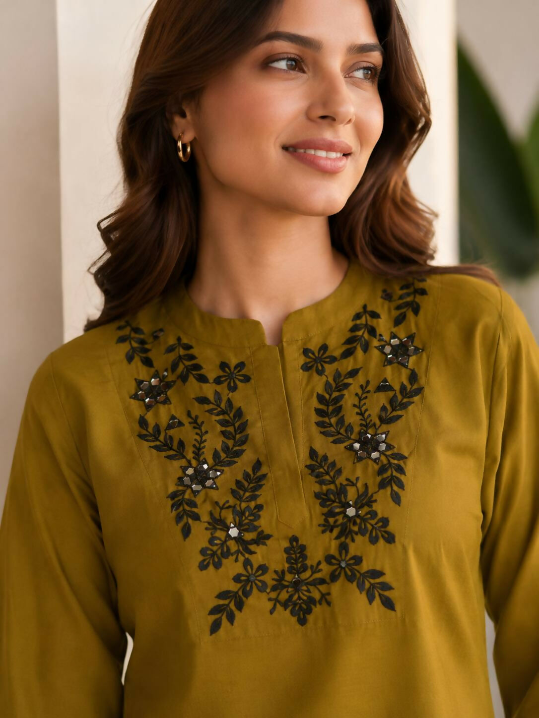 Teeya Creation Mustard Green Embroidered Cotton Co-Ord Set For Women