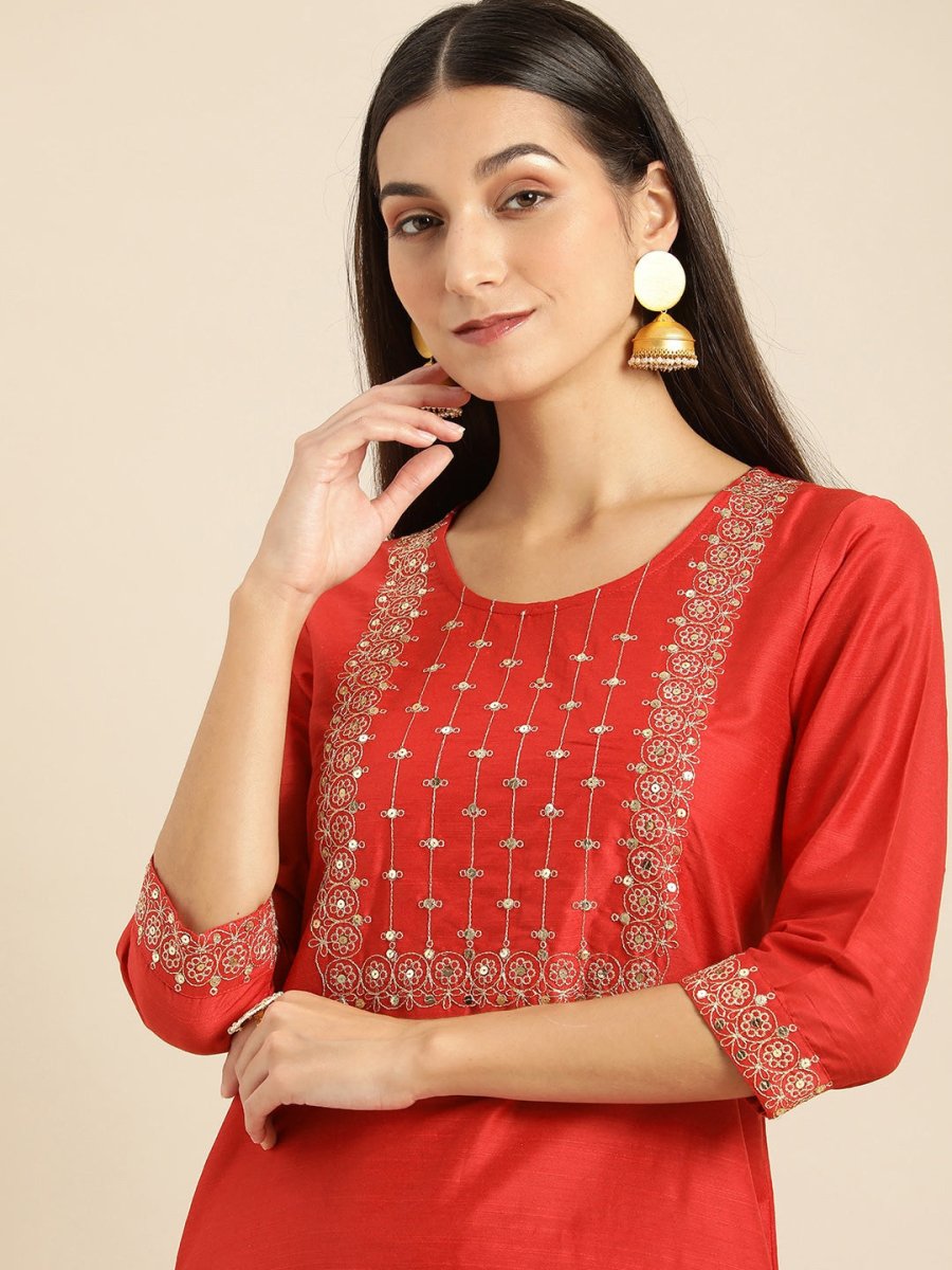 All About You Women Red Woven Design Kurta with Trousers
