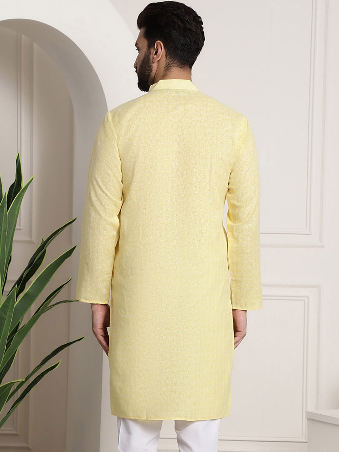 Sojanya Men Yellow Dobby Self-Checked Straight Kurta 