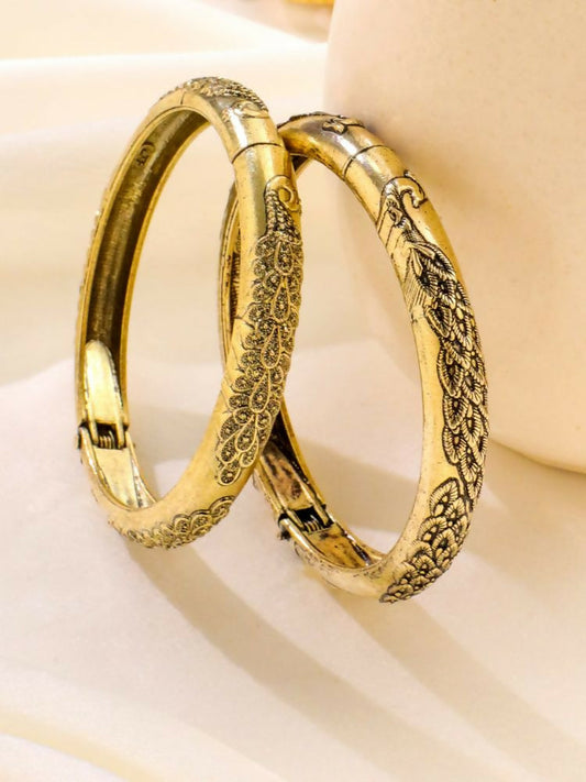 NVR Women Set of 2 Gold-Polished Leaf Design Oxidised Bangles 