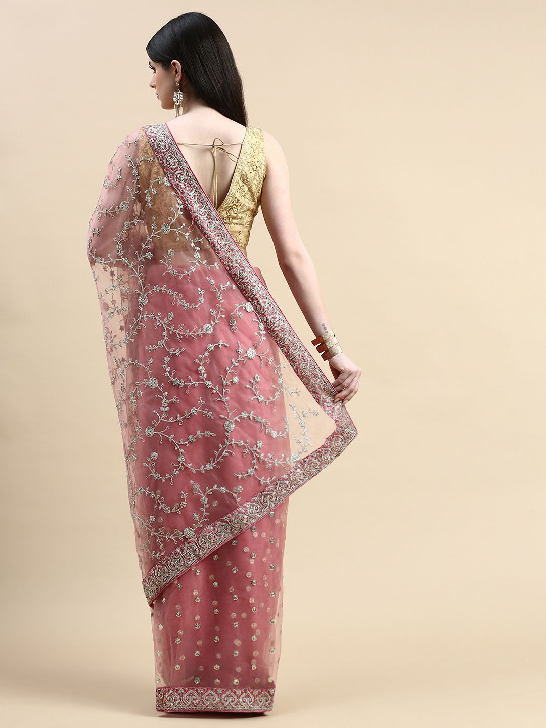 kasee Floral Embroidered Sequinned Net Saree