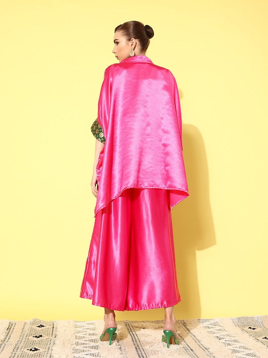 InWeave Women's Pink Green Brocade Satin Boho Kurta Palazzo Set 