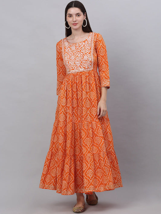 Kalini Women Orange Ethnic Motifs Printed Cotton Anarkali Kurta - Grab2buy