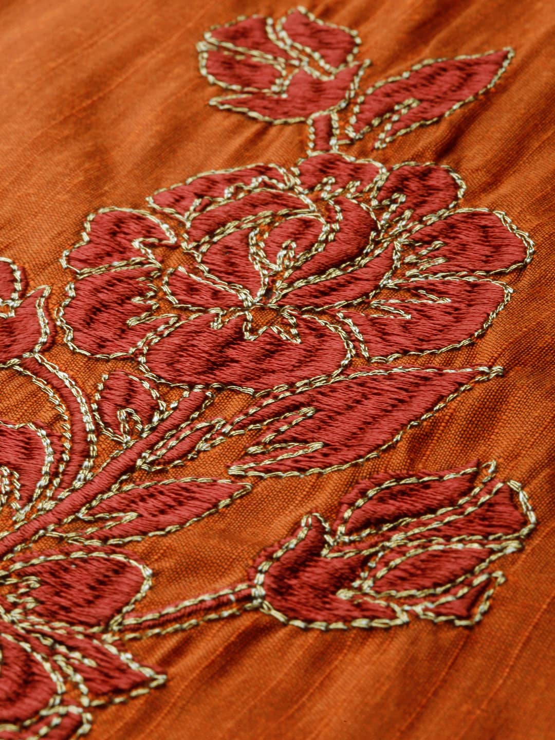 All About You Women Orange Floral Print Embroidered Regular Kurta with Trousers