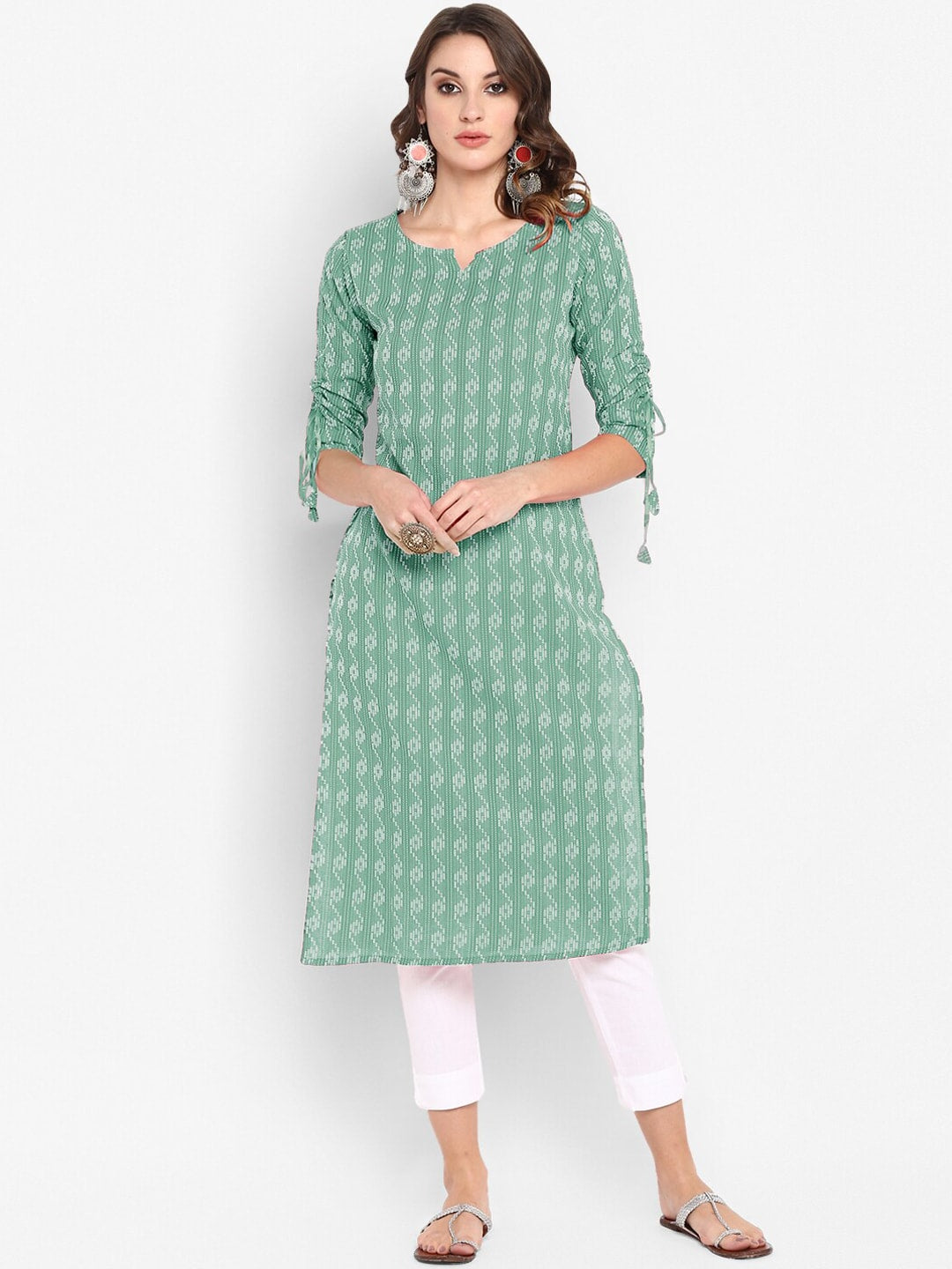 Janasya Women Green Geometric Printed Cotton Kurta