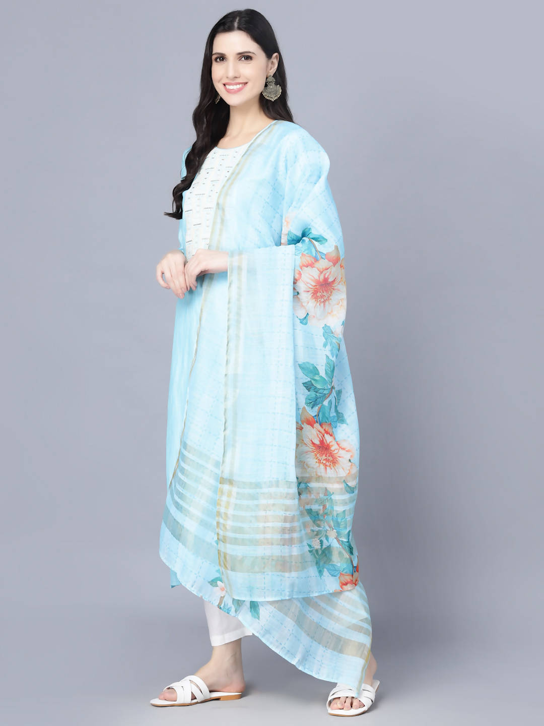Myshka Women Turquoise Blue Panelled Pure Cotton Kurta with Trousers With Dupatta