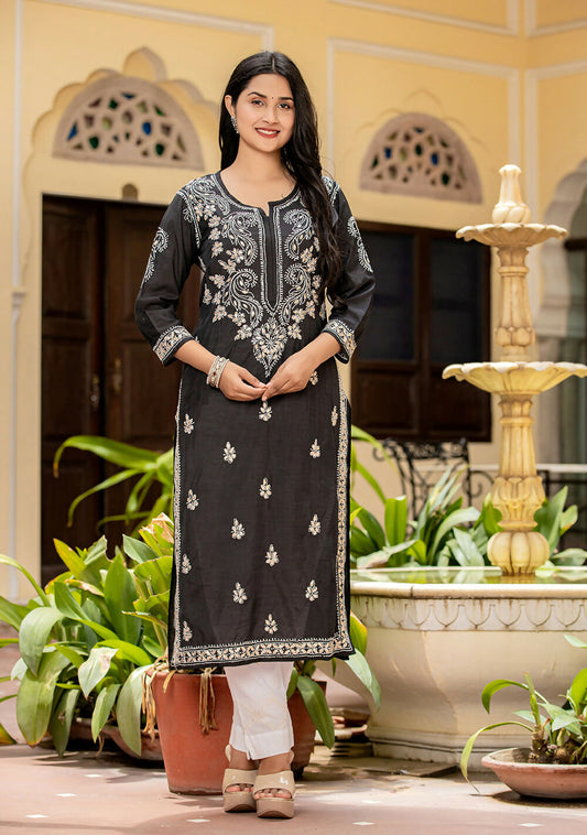 Kaajh Women's Black Chikhankari Embroidered Kurta Pant Set