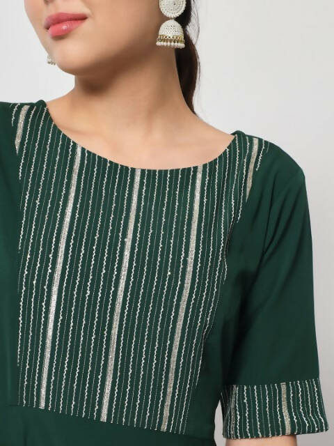 FIORRA Women's Bottle Green Poly Crepe Flared Kurta With Dupatta 