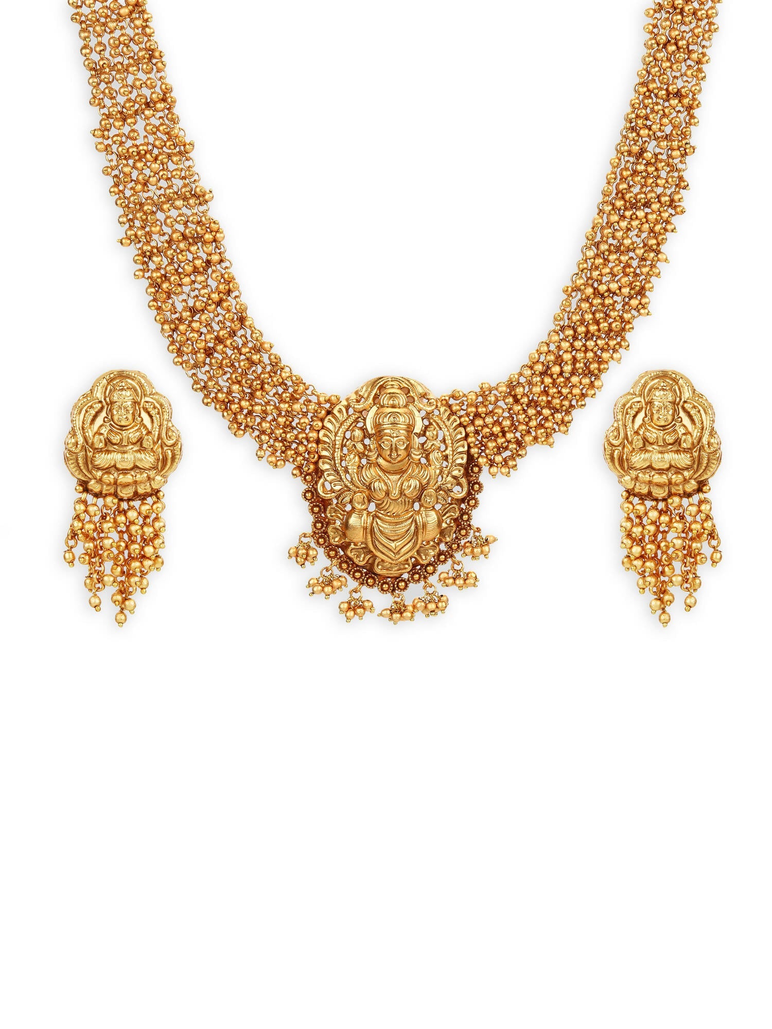 Gold-Plated Pearls Beaded Temple Jewellery Set - Ruby Raang - Grab2buy