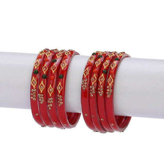 Afast Designer Fancy Party Bangle/ Kada Set, Red, Glass, Pack Of 8 - Grab2buy