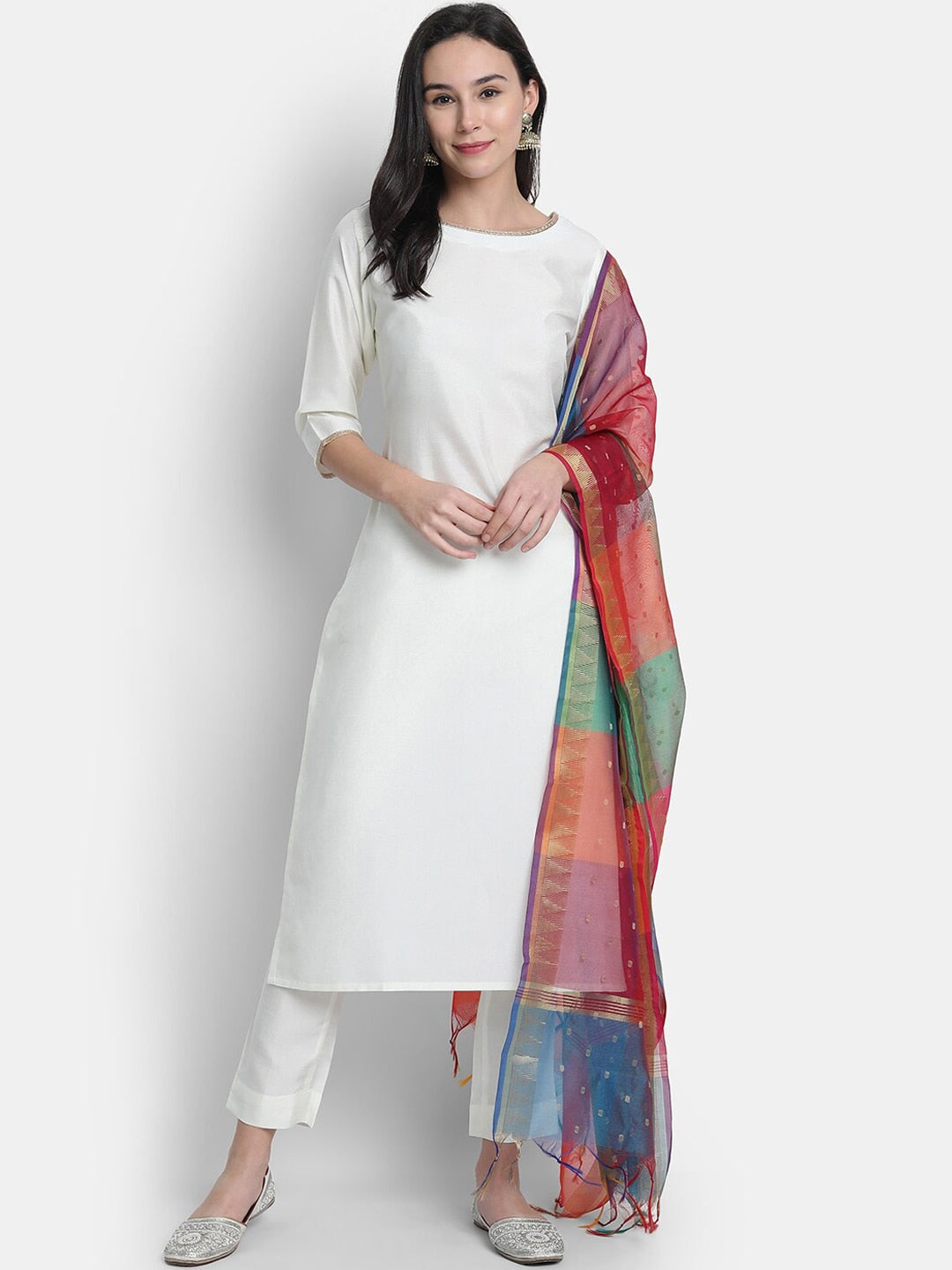 Janasya Women White Solid Kurta with Trousers & Dupatta
