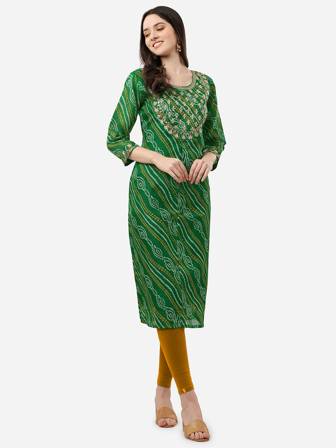 HERE&NOW Women Green Leheriya Printed Pure Cotton Kurta 