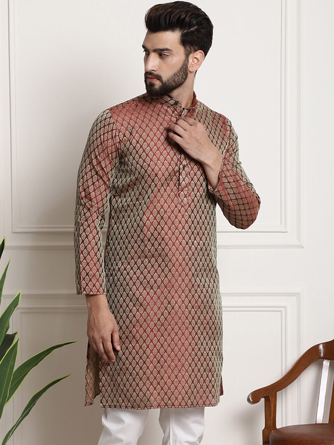 Sojanya Men Maroon & Golden Ethnic Motifs Jacquard Silk Kurta 